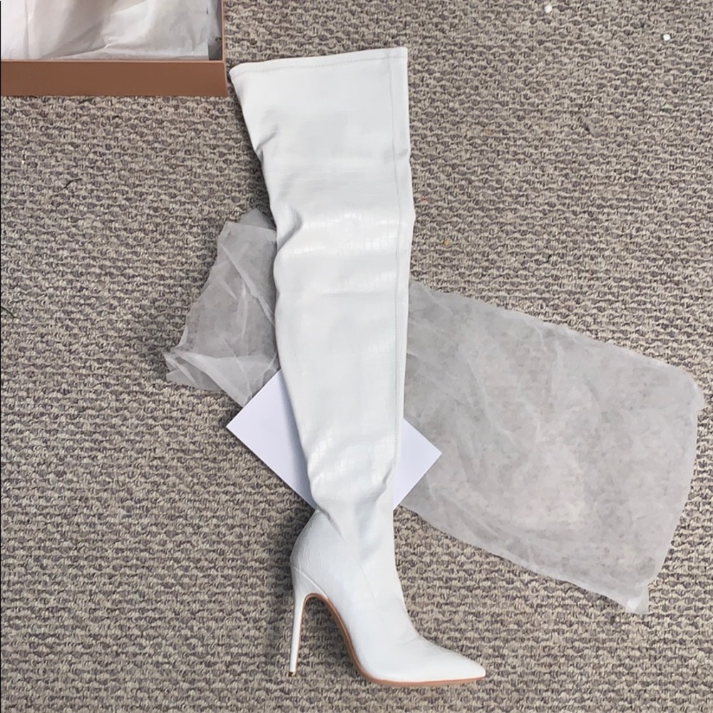 Thigh high white faux croc boots